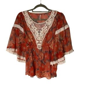 Free People Sheer Lace Watercolor Bohemian Blouse Women’s Size Small